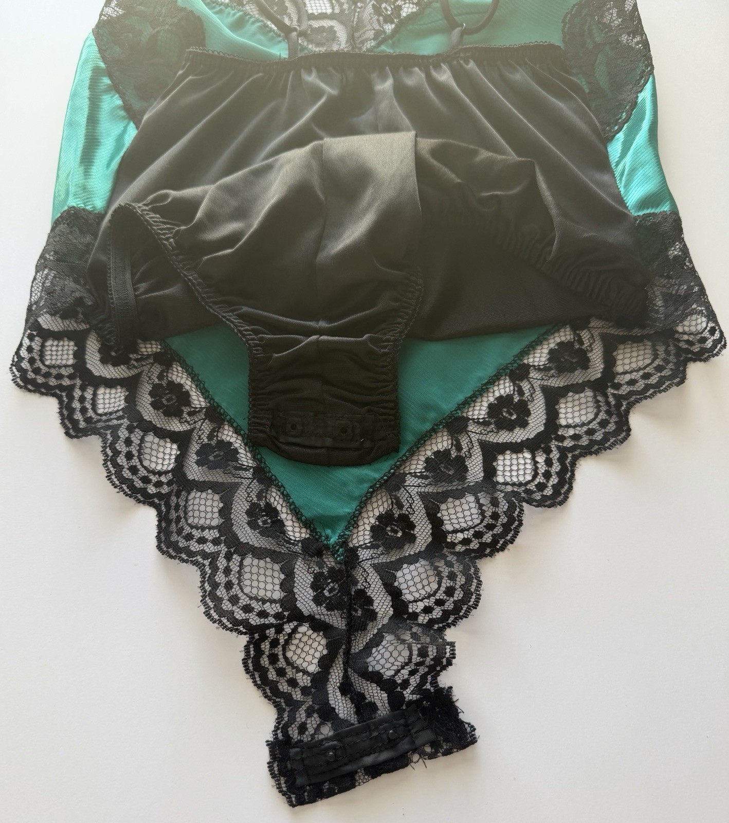 Vintage Lady Cameo Dallas Satin Lace Teddy Bodysuit Green Black USA M Medium
