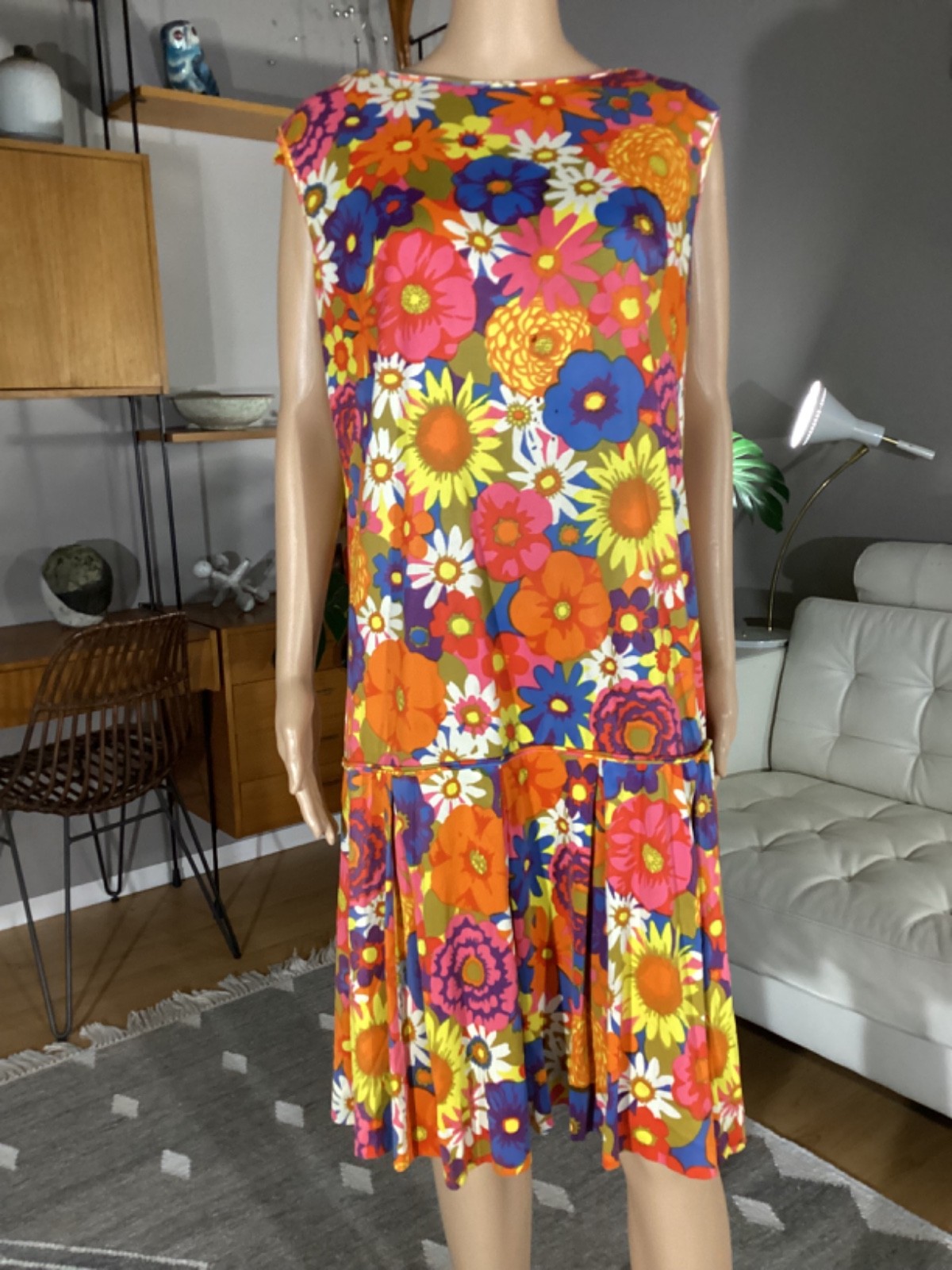Vintage 60s 70s Bright Floral Sleeveless Silky Nylon Drop Waist Dress Mod Hippie