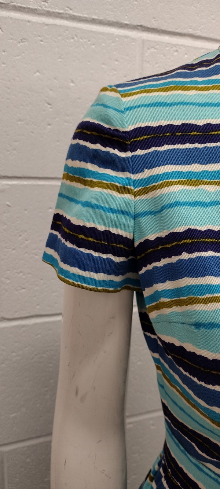 Vintage MCM Papillon Dress Audrey Style Mid Century Stripes Avocado Blue W 24″