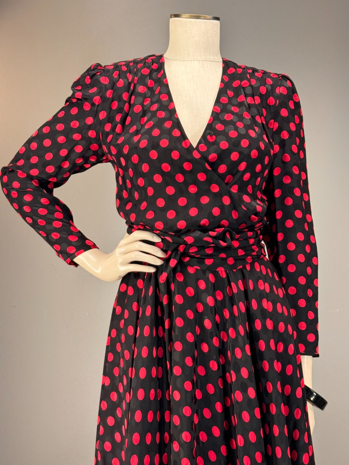 80s Silk Designer Wrap Shirt Dress Albert Nipon Polka Dot Red Black 200+ sweep!!