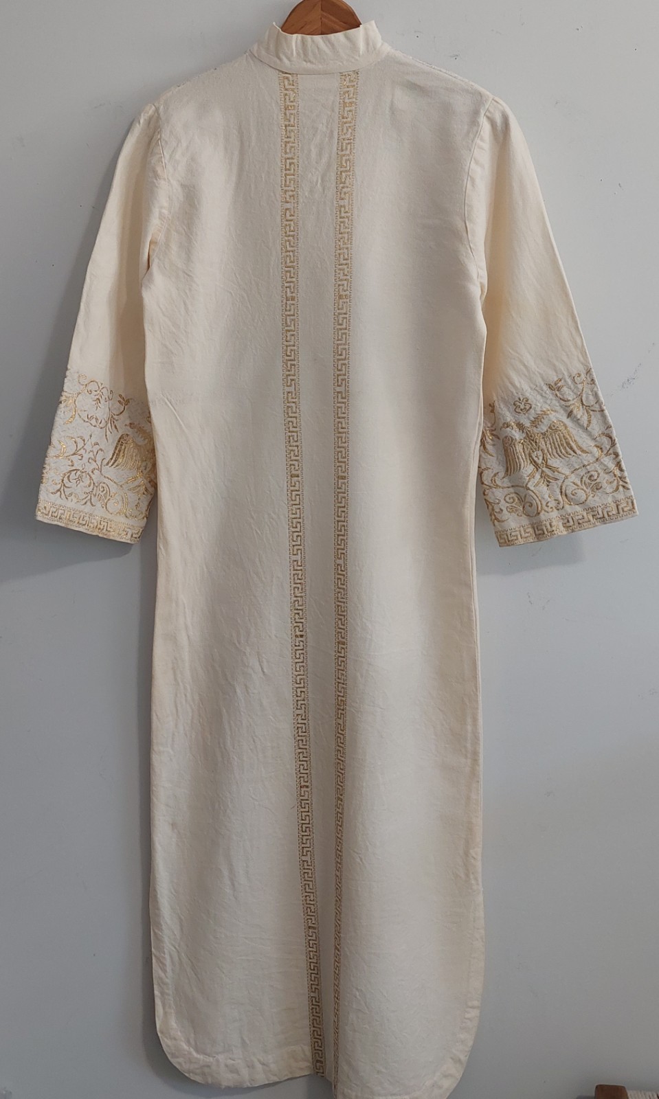 Vtg El Greco Tsitsibacos Bros Greece Caftan Dress Ivory Gold Byzantine Eagle SM