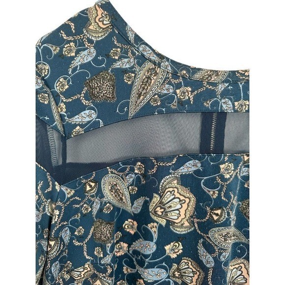 Boutique Teal Paisley Floral Mesh Panel Sheath Dress 1X Short Sleeve Blue