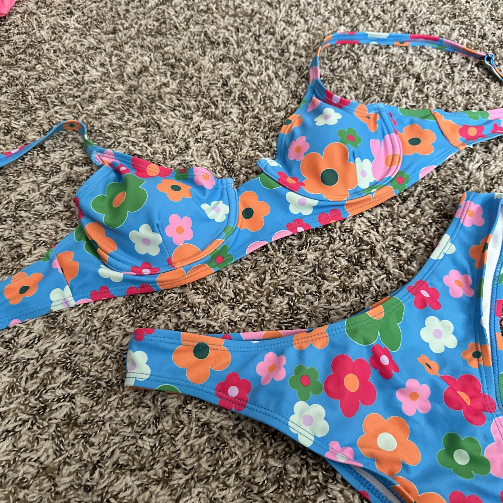 Vintage Style 60’s Women’s Bikini Blue Pink Orange Flowers Hippie High Waist M