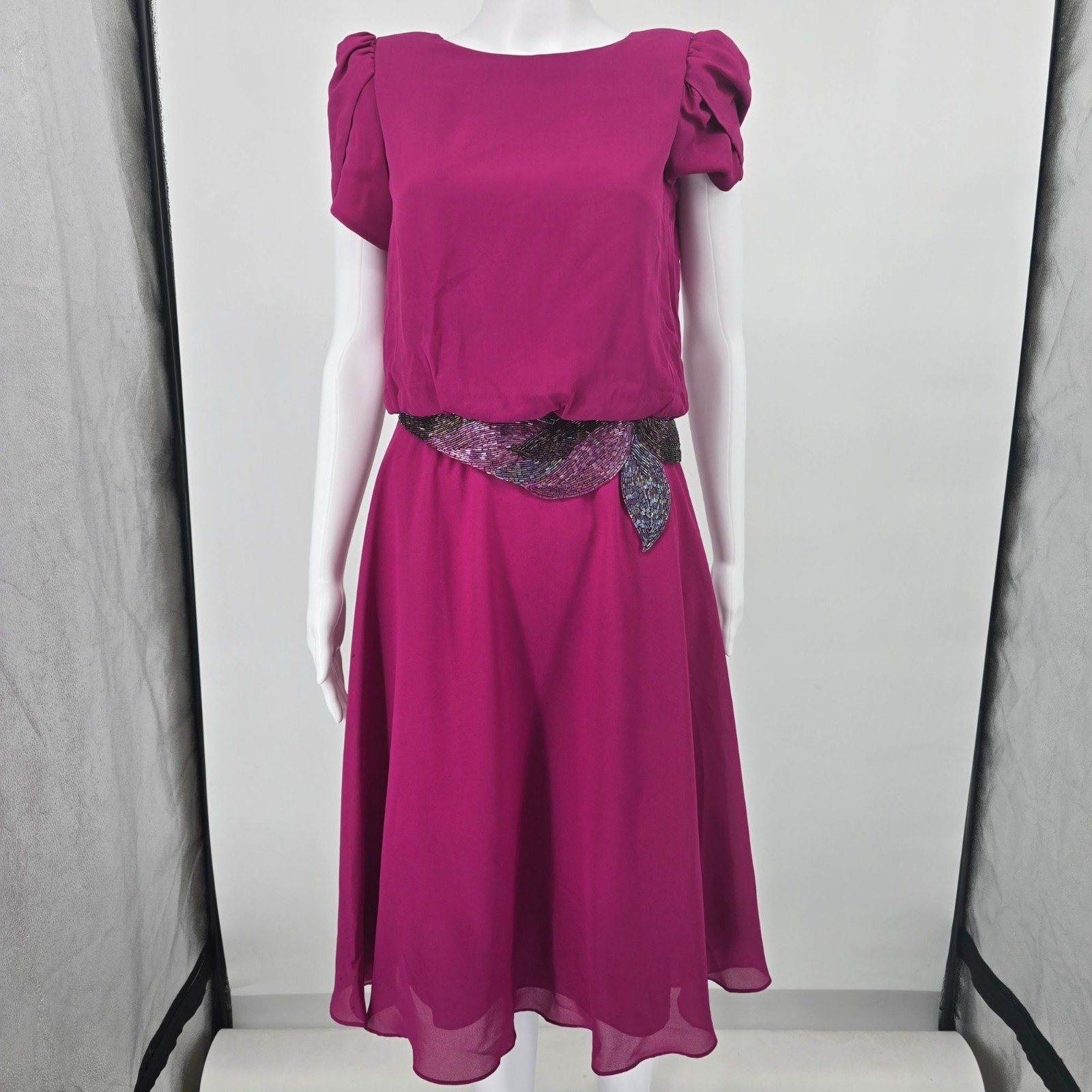 Vintage 1980s Denise Fashions Magenta Chiffon Bugle-Bead Applique Dress (S)