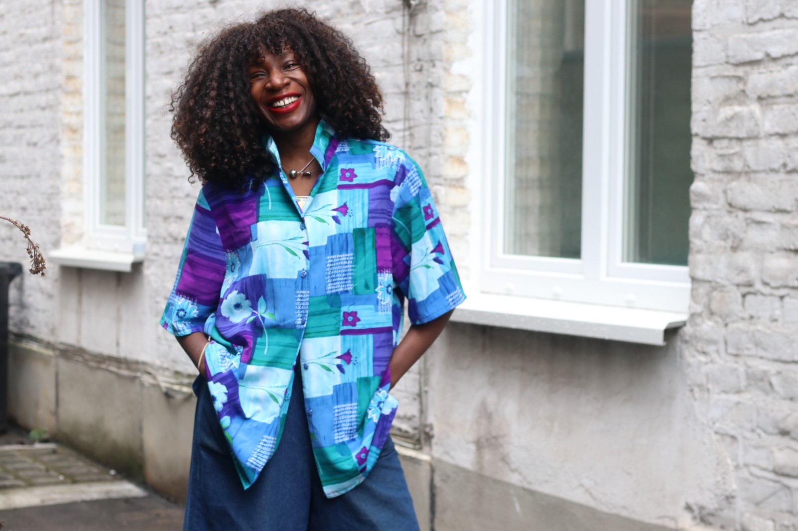Vintage Blouse Abstract Pattern Blue Purple 90s Oversized Short Sleeve Shirt L