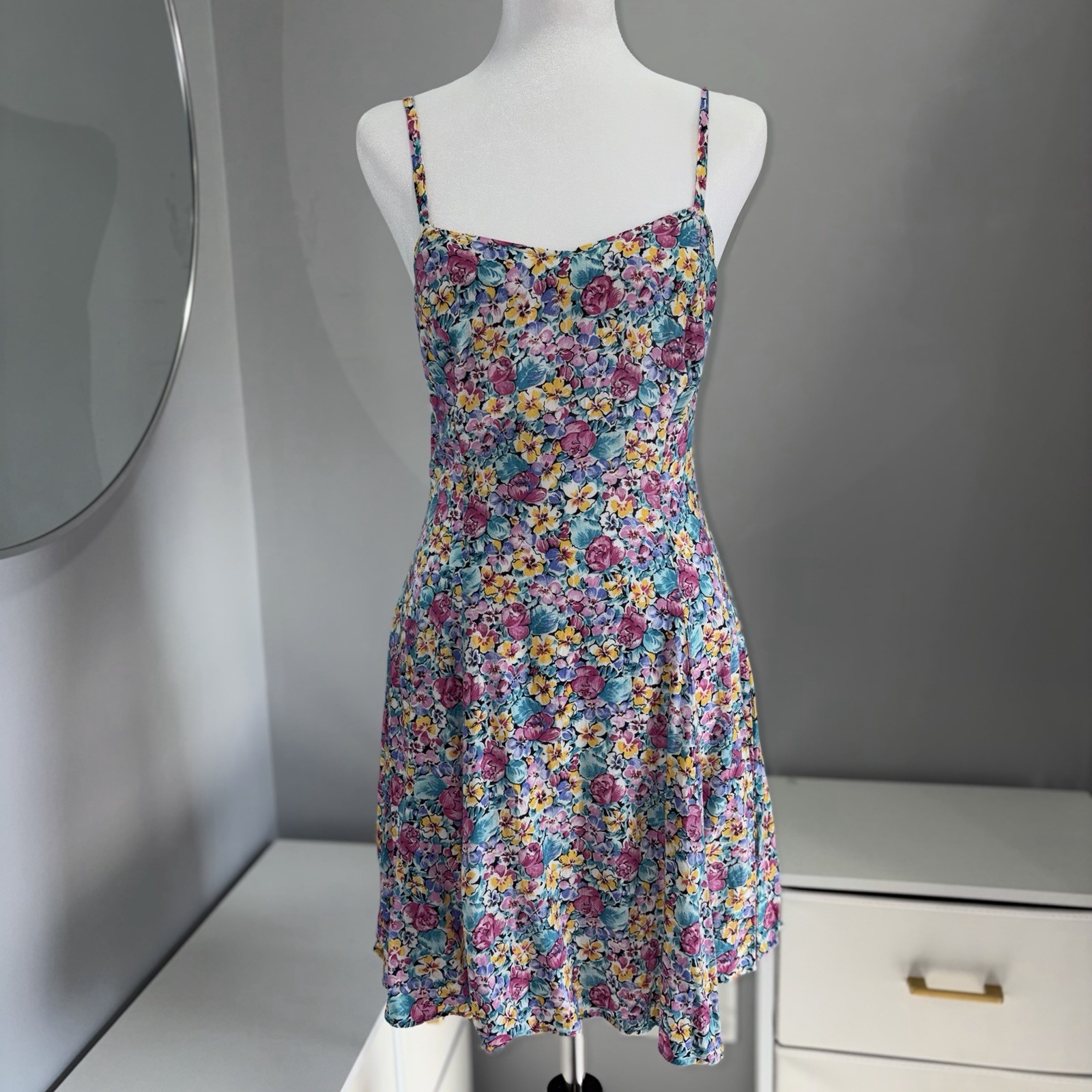 Vintage 90s Shok Floral Mini Dress Size 9 Cottagecore Sundress Summer USA Made