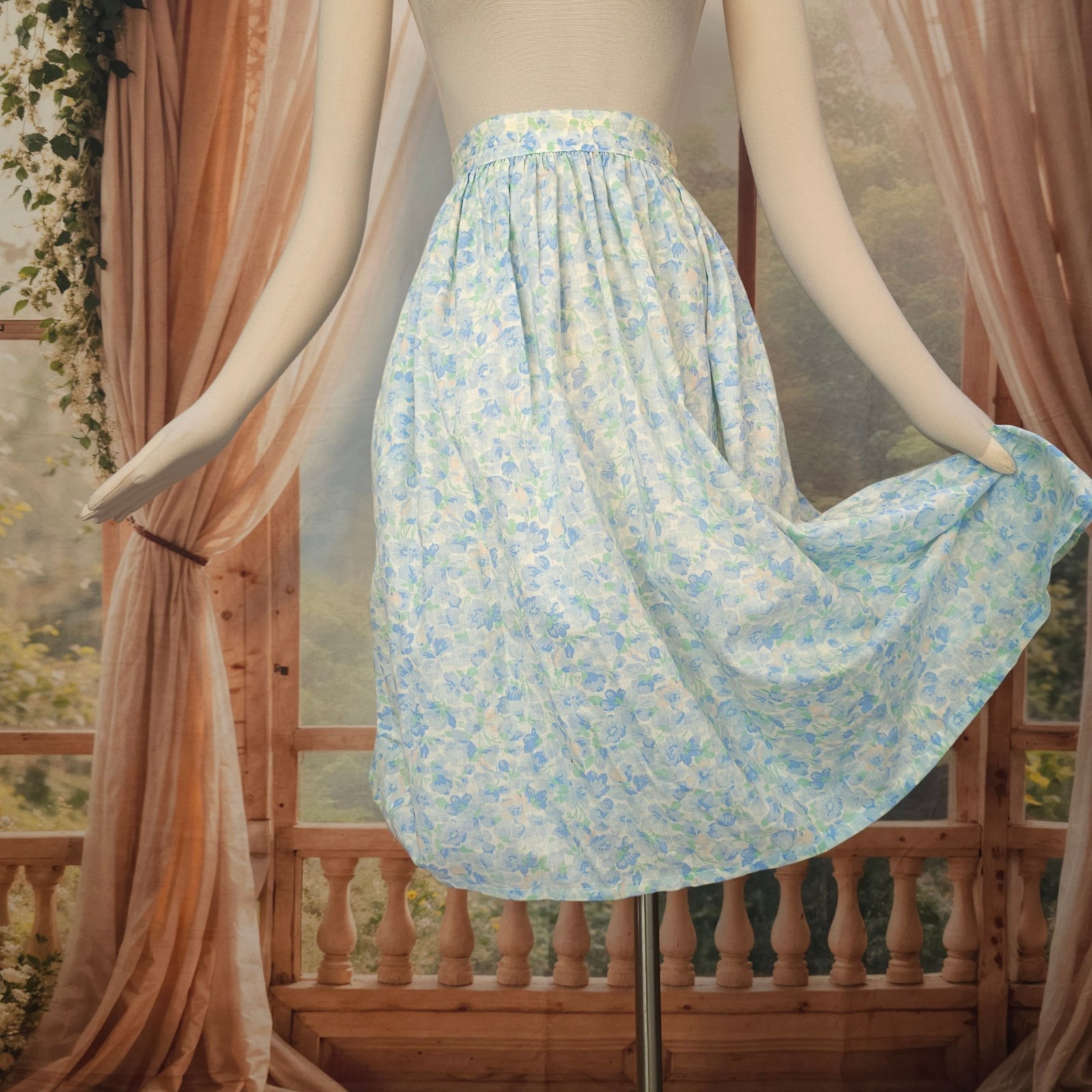 Vintage 1970s Skirt Pastel Floral Blue Green Pockets Lucky Winner Retro Pinup