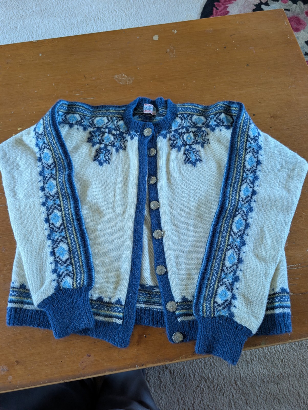 Antique Norwegian Sweater. O.Allers New Wool.Blue And White.Silver Buttons. S/M