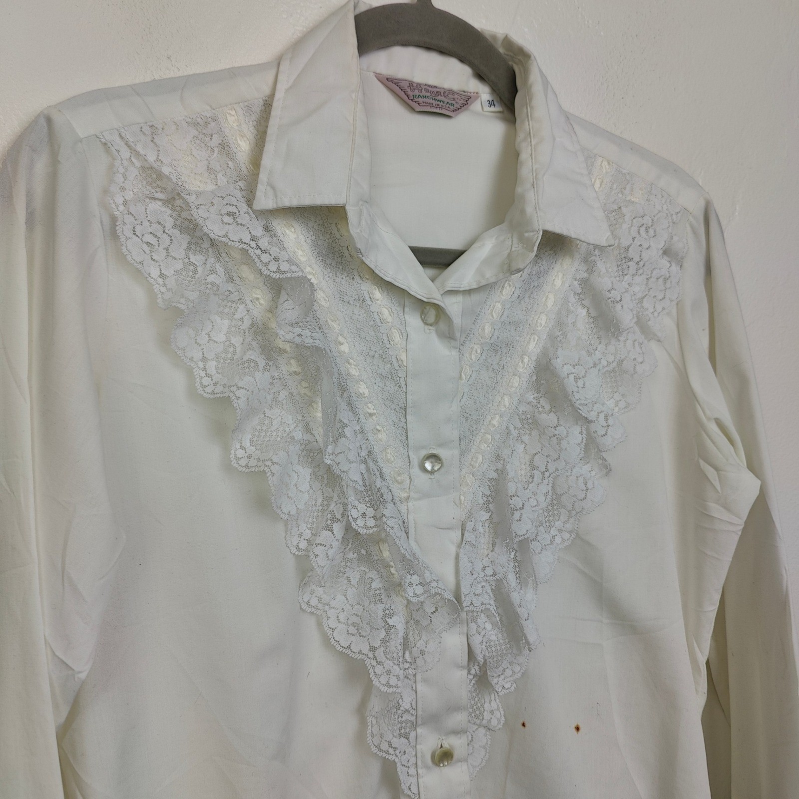 Vintage 70s H Bar C Womens Top 34 Small White Lace Ruffle Western Cowgirl