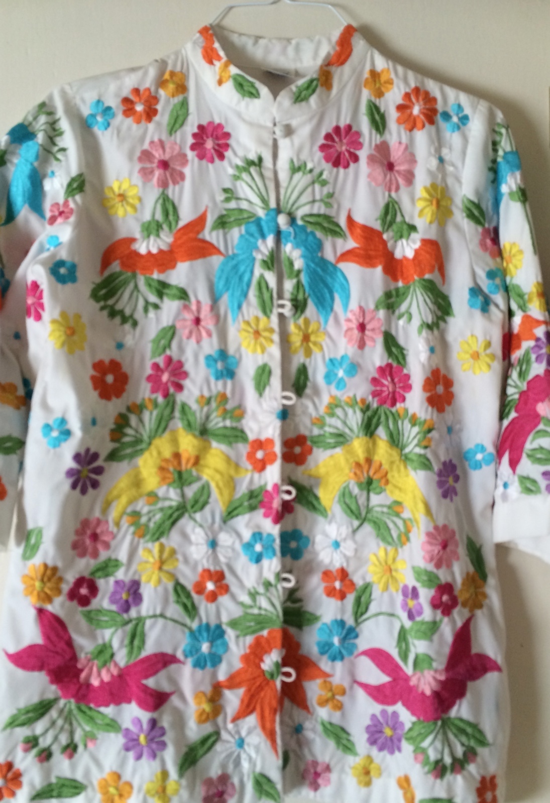 60s Jacket~Long Tunic Blouse~Embroidered Floral Hippie~Mandarin Collar~Size ML
