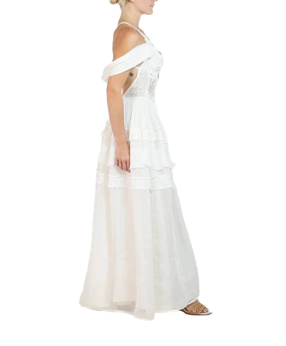 MORPHEW ATELIER White Organic Cotton Organdy & Antique Lace Gown