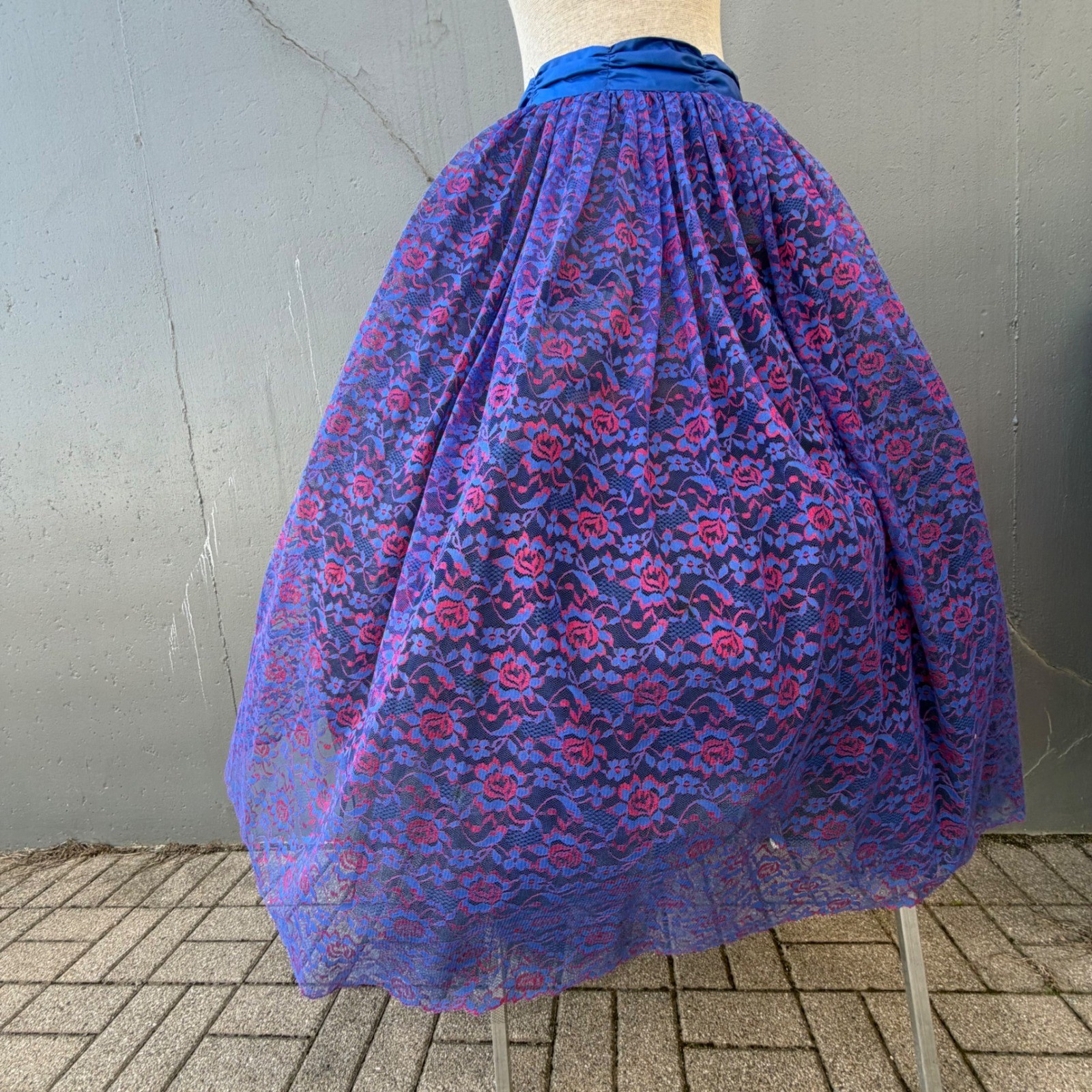 Vintage 80s Blue Pink Floral Lace Prom Overskirt with Oversized Bow and Gloves