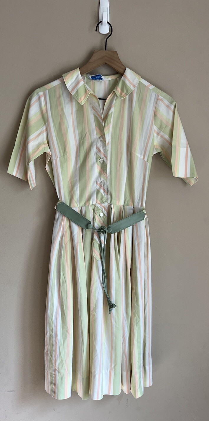 Vintage Shirt Dress Full Skirt Stripe Fit Flare 50s 60s Rockabilly XS 0 2 Belt