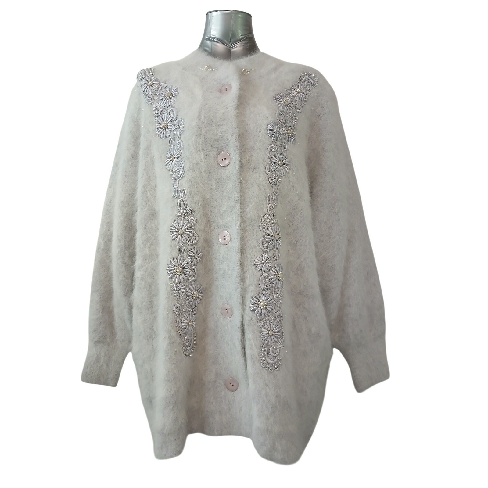 Vintage Lee Sands Angora Blend Cardigan Coat Gray Floral Pearl Lined OS Plus