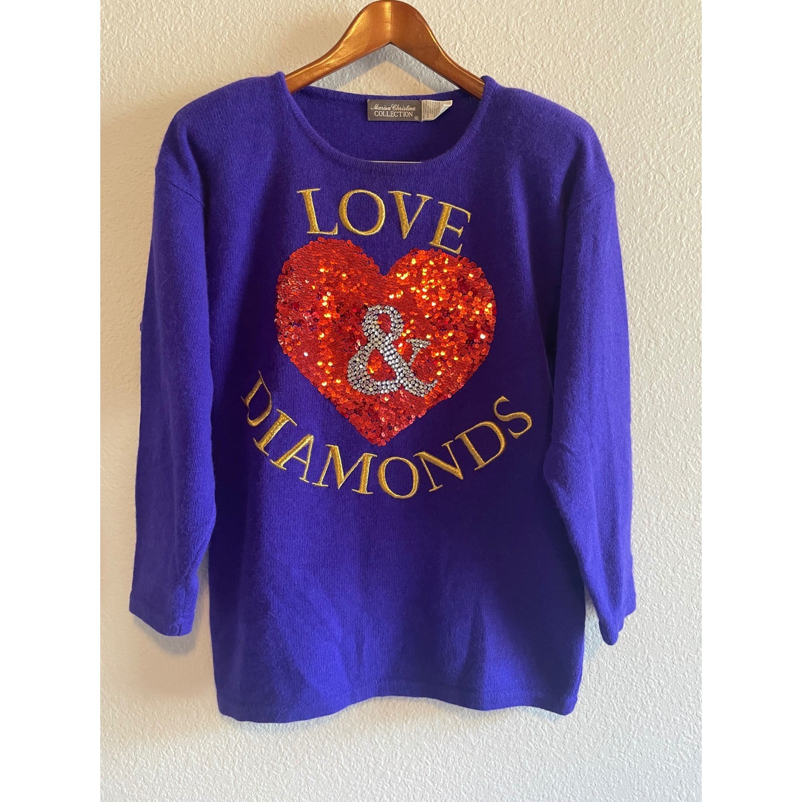 Marisa Christina Purple Angora Wool Sequin Heart Love & Diamonds Sweater Size M