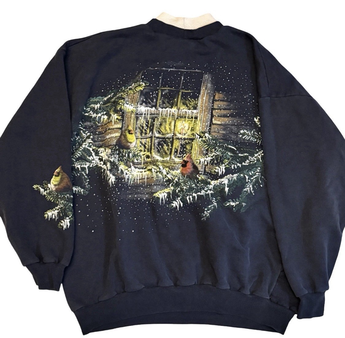 Vintage Art Unlimited Cardinal Sweatshirt XL Winter Cabin Scene Double Sided 90s