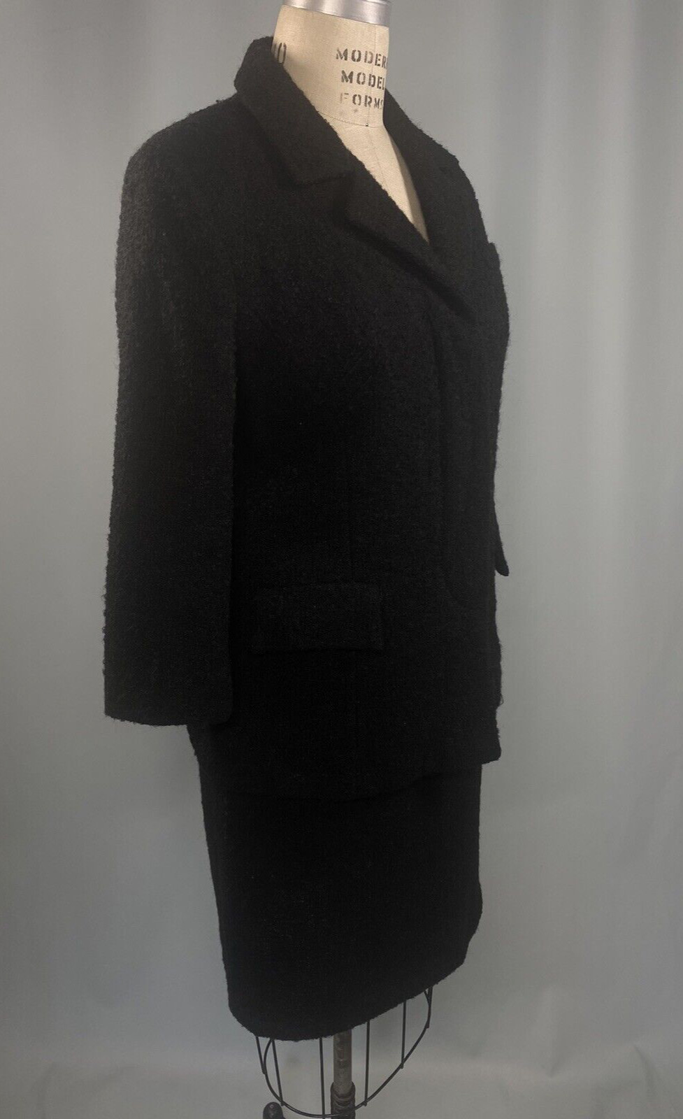 Vintage Boucle Wool suit SIZE SMALL black MYRON LOUIS BOSTON 60s retro pencil