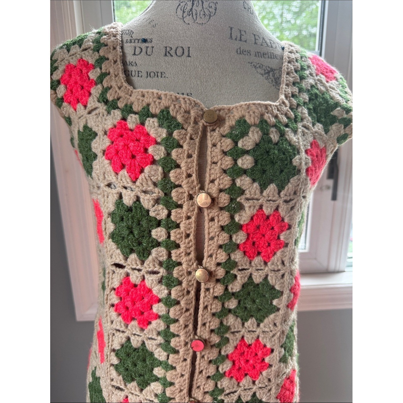 Vintage hand knit boho granny Square, long sweater vest, neon pink and green S/M