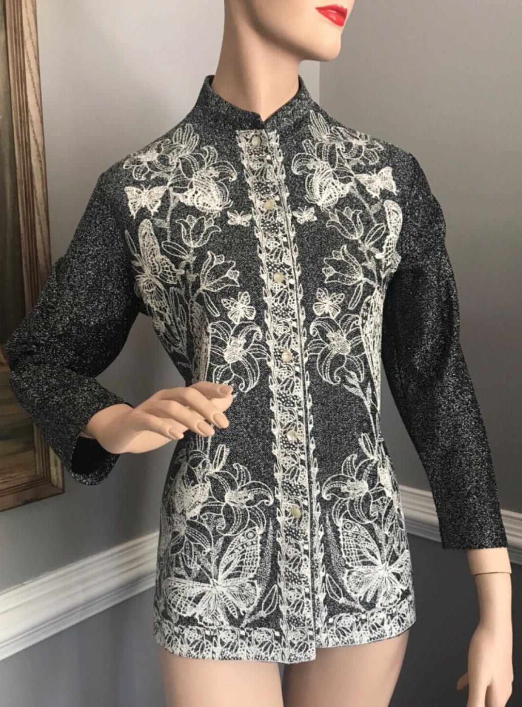 Vintage 1970s Lurex Butterflies Tunic Top Psychedelic Disco Shirt S/M