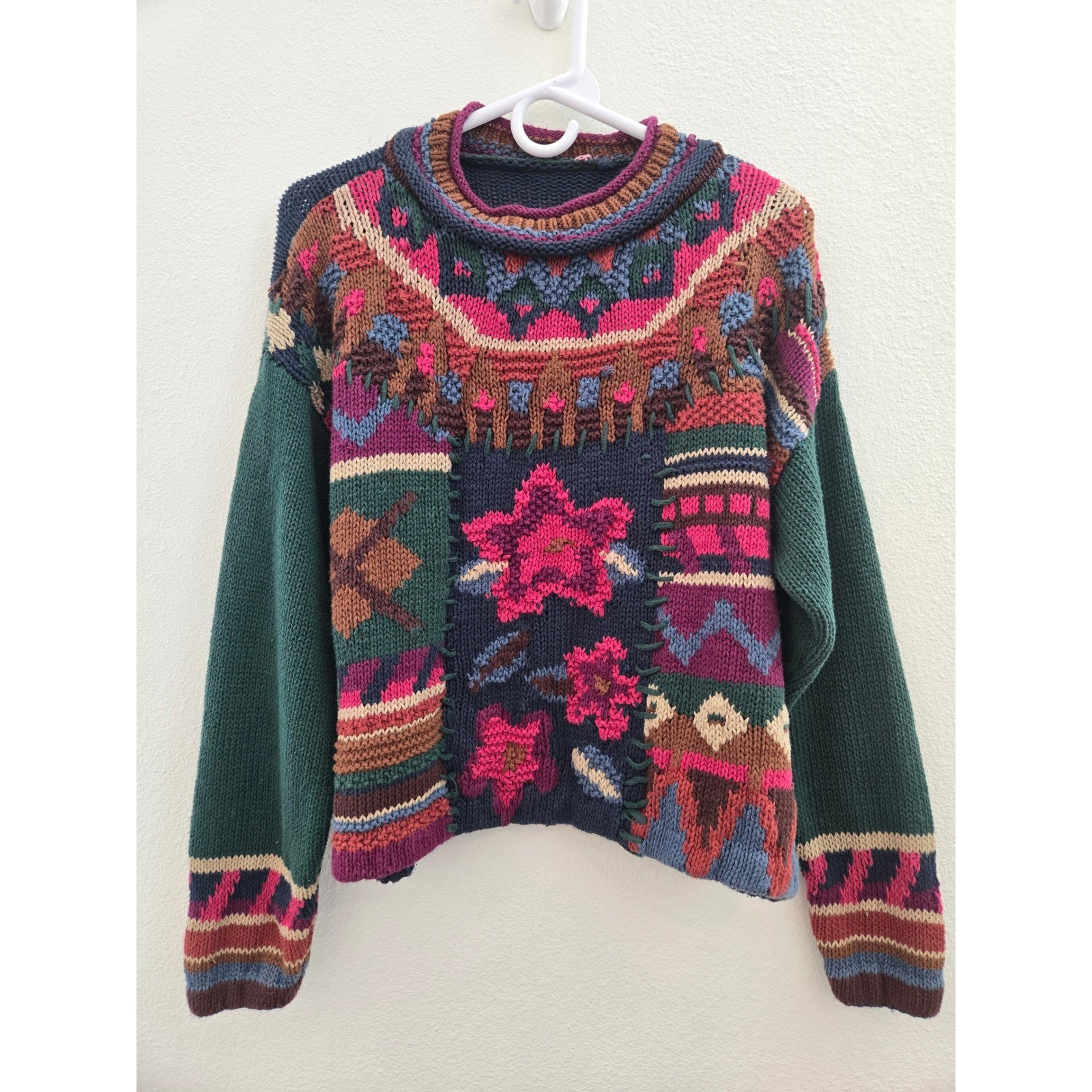 Vintage Knitted by Hand Patchwork Floral Sweater Ramie Cotton Large Boho 90s