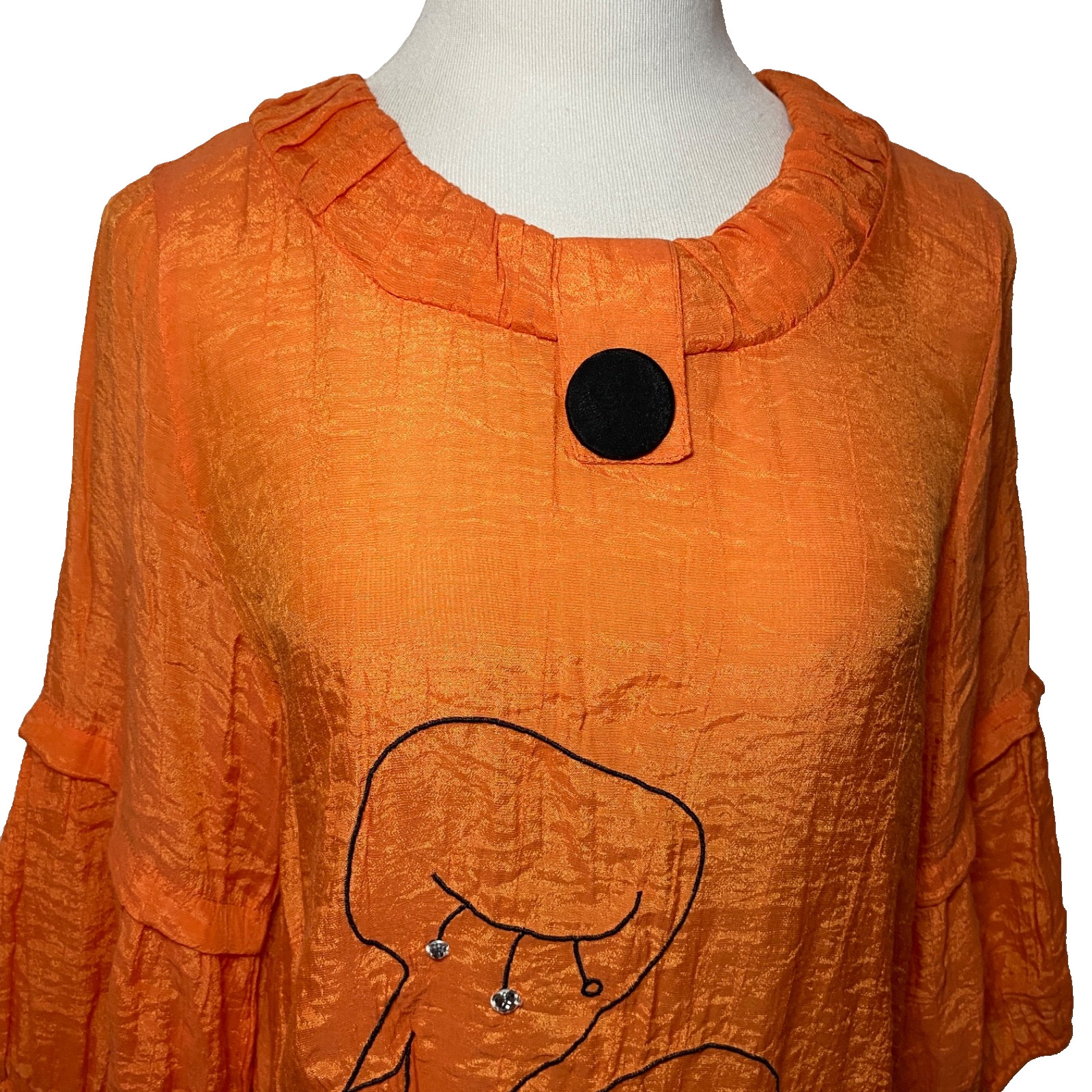 Vtg Artsy Blouse Large Orange Top Whimsical Bird Crystals Gauzy Rayon Korean m