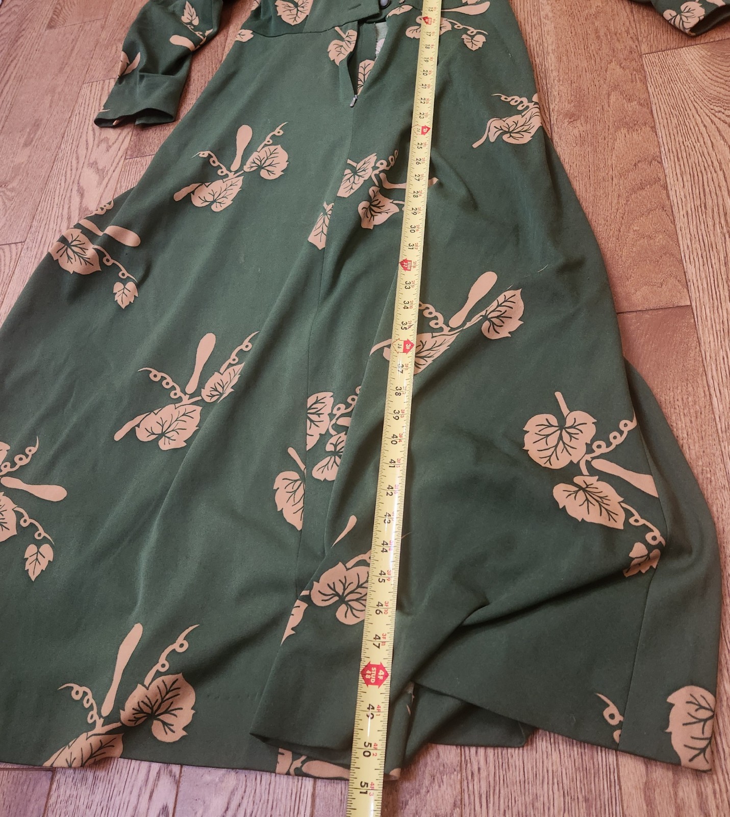 Vtg Handmade Dress Botanical Leaf Green 1970s 80’s Full Length Size 6