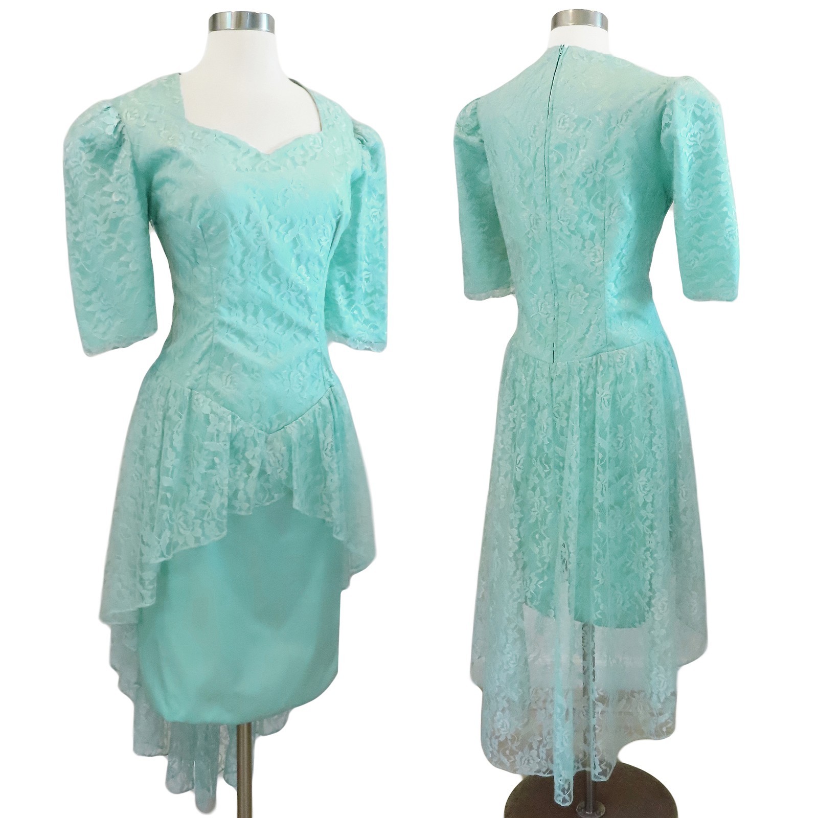 Vintage 80s Blue Green Seafoam Lace Peplum Sheath Cocktail Party Prom Dress L XL