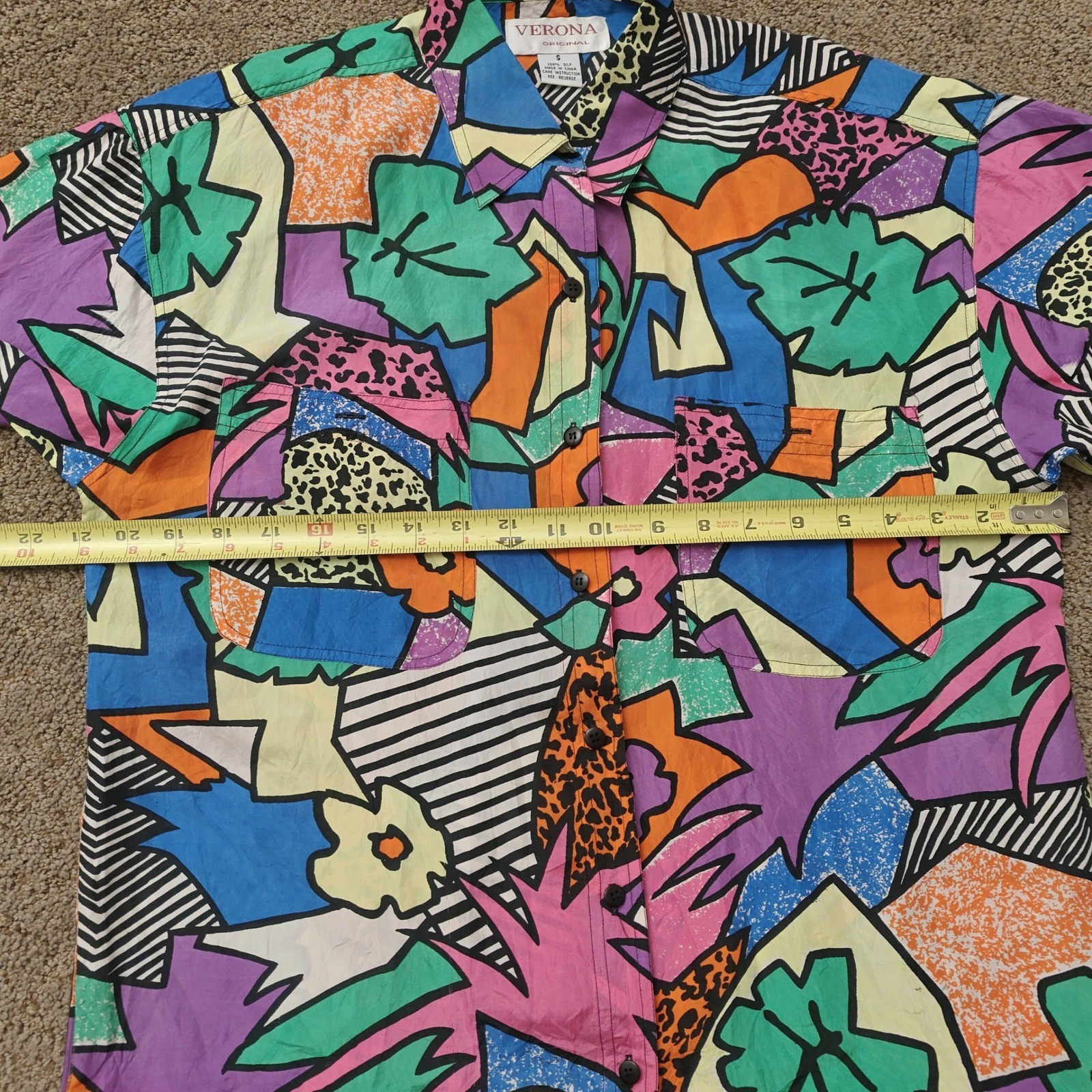 Verona Original Vintage 90s 100% Silk Abstract Geometric Short Sleeve Shirt S