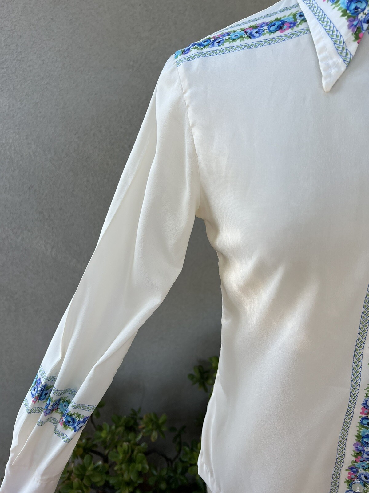 Vtg Blouse sheer white pink blue floral trim Small By Loubella
