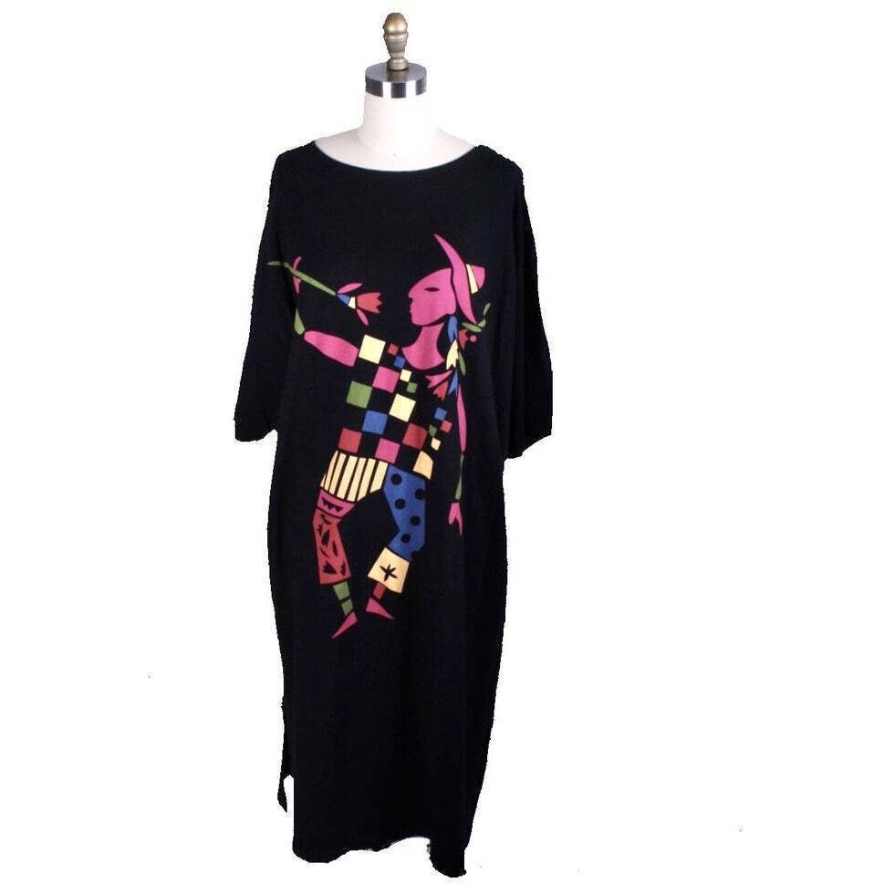 RARE VTG 1980s Marimekko Cotton Knit Clown Dress O/S Black Graphic Art Print