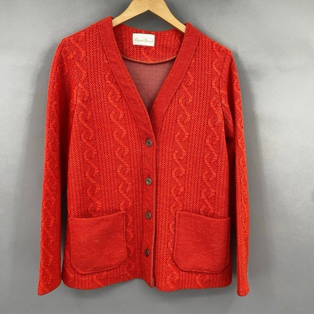 Vintage 60s Cable Knit Orange Cardigan Womens Medium Large Button Regent Street