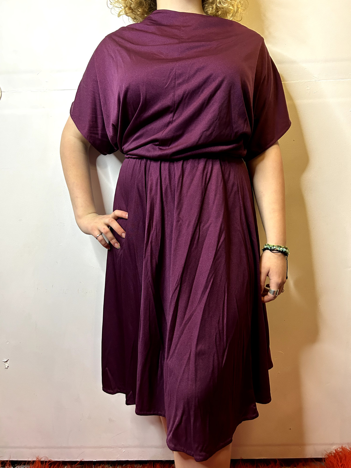 Vintage 1980s Purple Mauve Slinky Blouson Dress Belt Tie Yoke Midi Evening AU 14