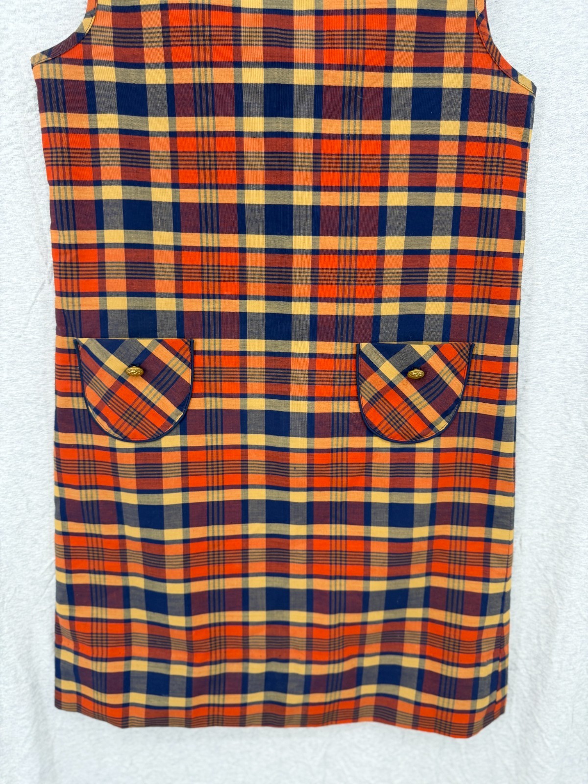 True Vintage 60s Orange / Blue Jumper Go Go Dress Plaid Mod Shift 34 Bust