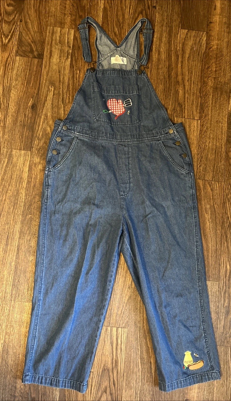 Mandal Bay Vintage 90s Denim Overalls XXL Applique Heart Hotdog Mustard Bee W