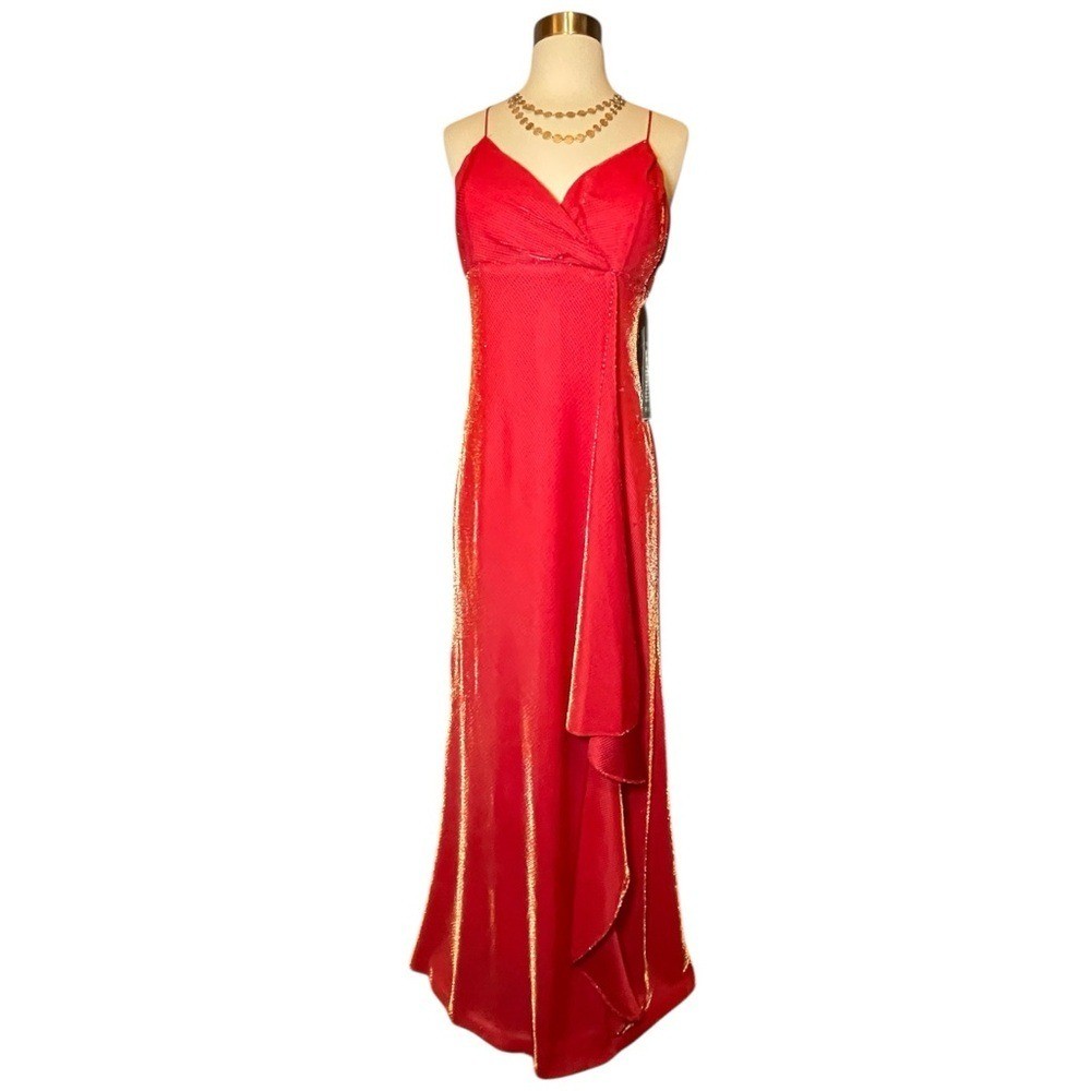 VTG 90s Betsey & Adams Red Gold Metallic Mesh Prom Gown Dress 12P NWT