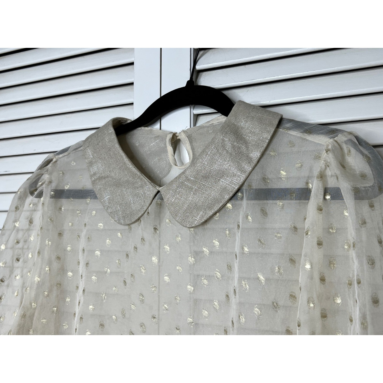 Vintage Sheer Ivory Gold Clip Dot Blouse Peter Pan Collar Size L