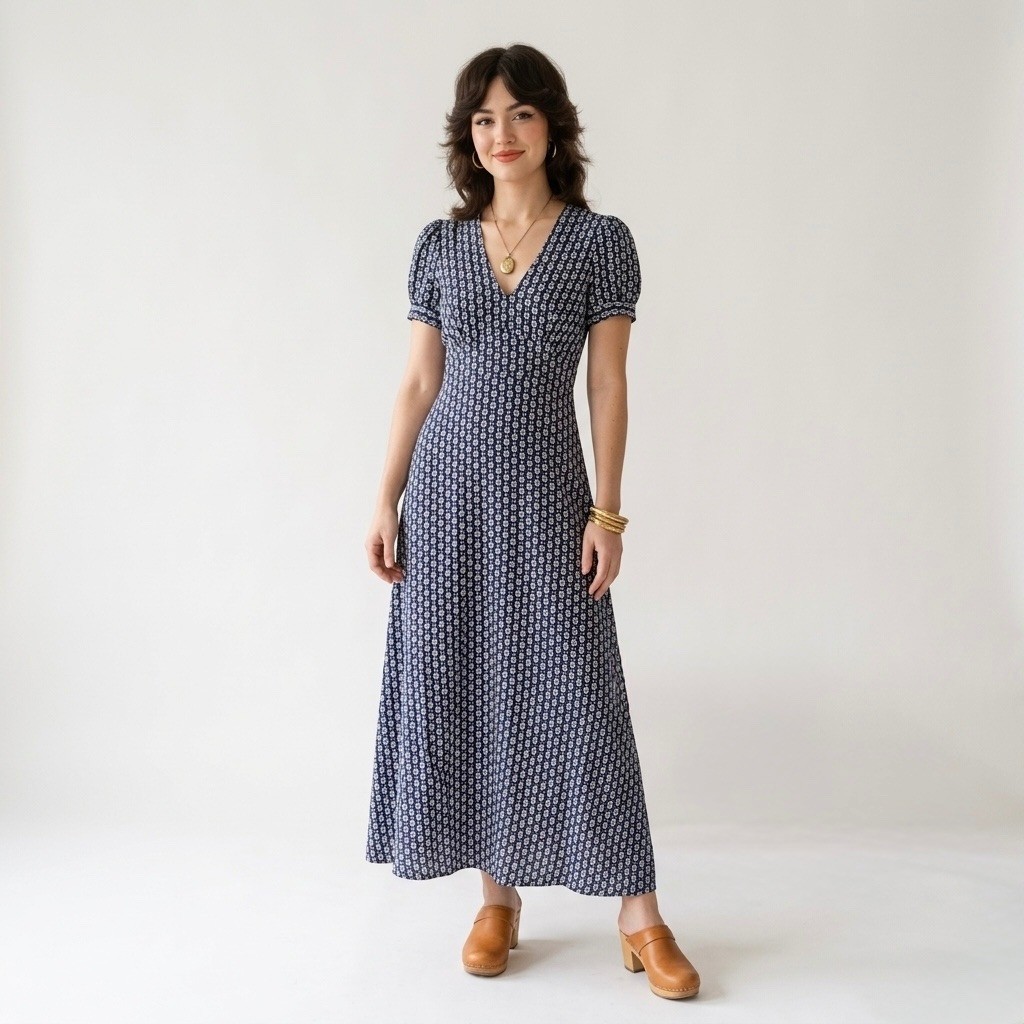 Vintage Terri Petites California Navy Blue Puff Sleeve Maxi Dress Small Prairie