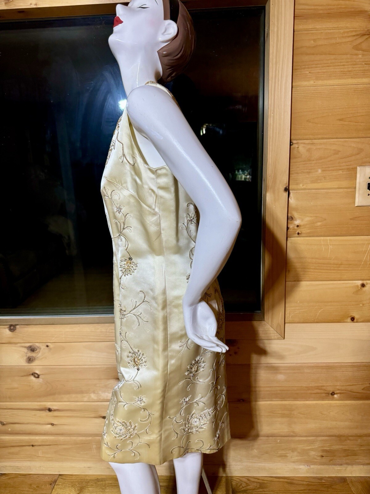 1950’s, 1960’s BEADED EVENING Dress Vintage, Champagne Satin, Gold Beading.!