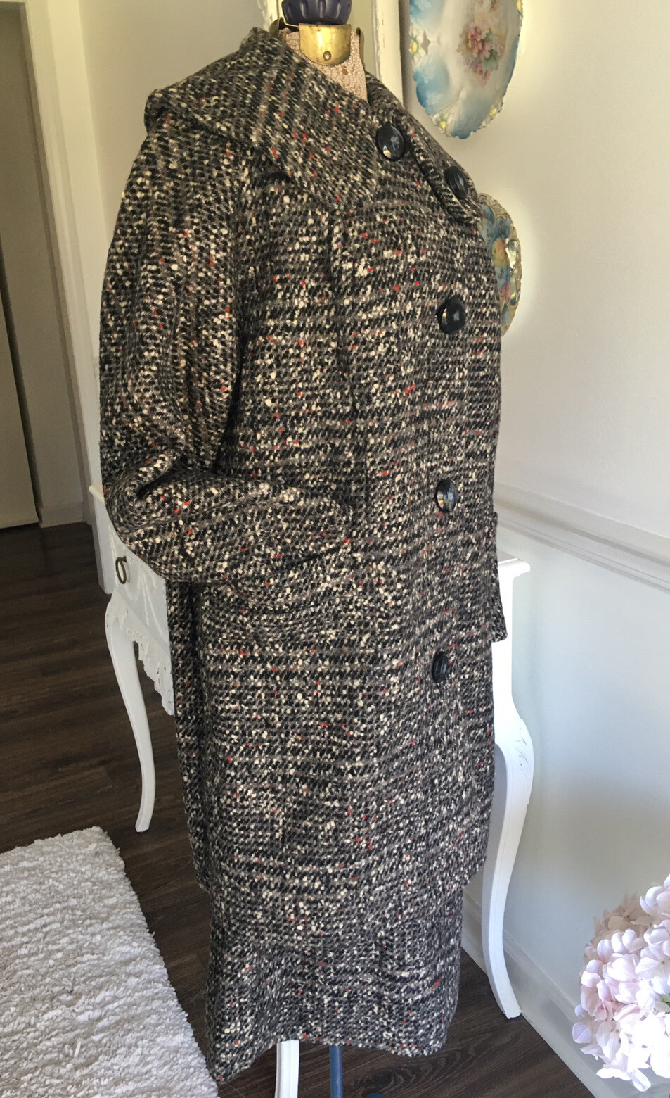 Vintage 1950s 60s Chunky BLACK & White Wool TWEED Coat and Skirt SET Plush LINED