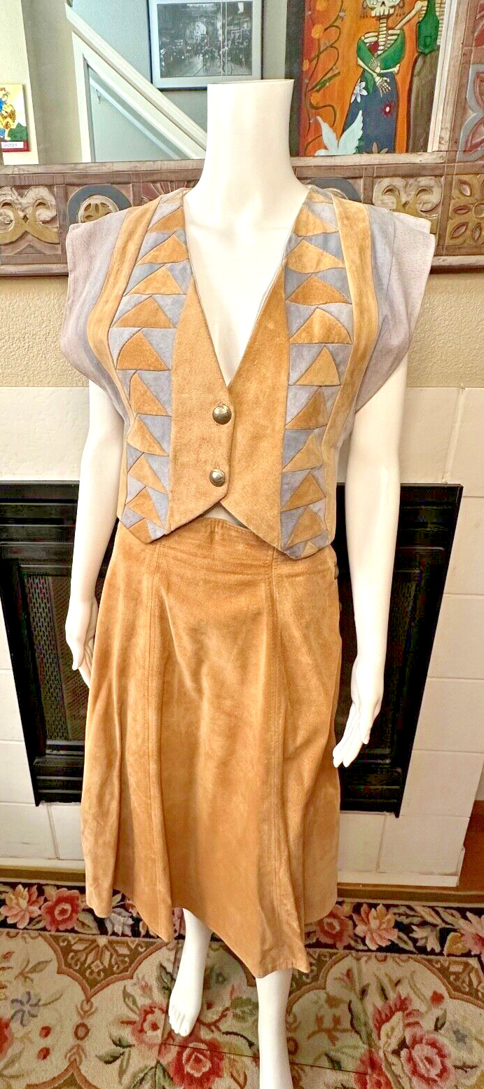 Vtg Leather skirt/vest set buffalo nickel buttons armpit to armpit 16″ waist 28″
