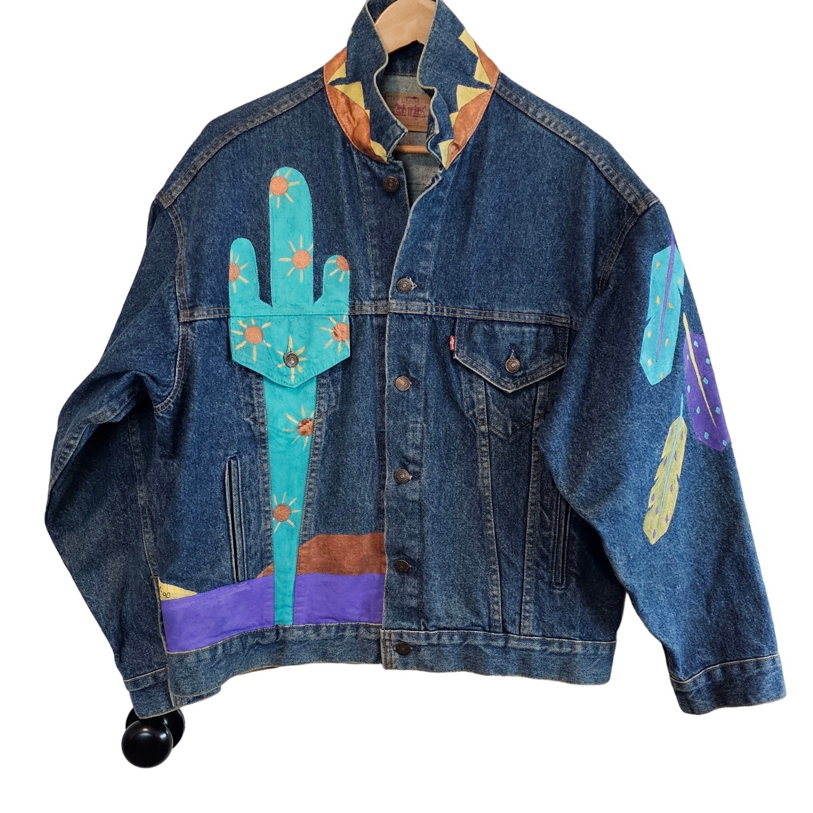 Vintage Levi’s Denim Jacket Womens Large 80s Trucker Hand Painted South Western