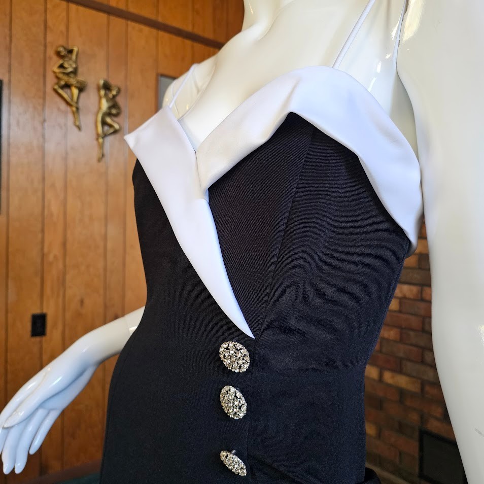 Vtg 90s Cache Tuxedo Plunging Evening Cocktail Party High Slit Wiggle Dress S/M