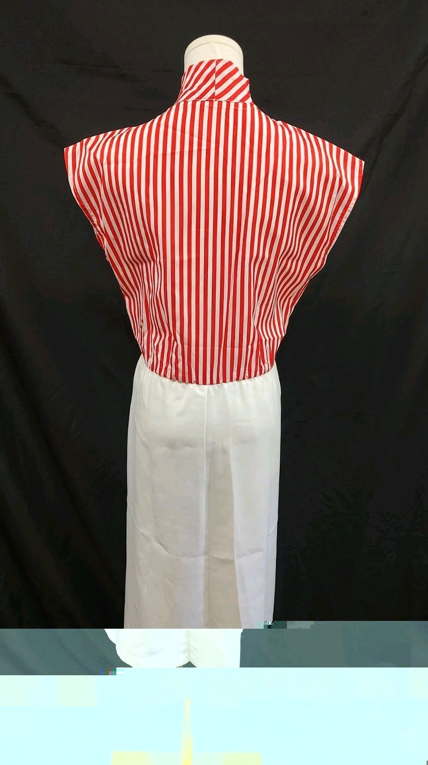 70’s Vintage Day Dress Casual Red & White Stripe Bow Neck White Skirt Summer 12