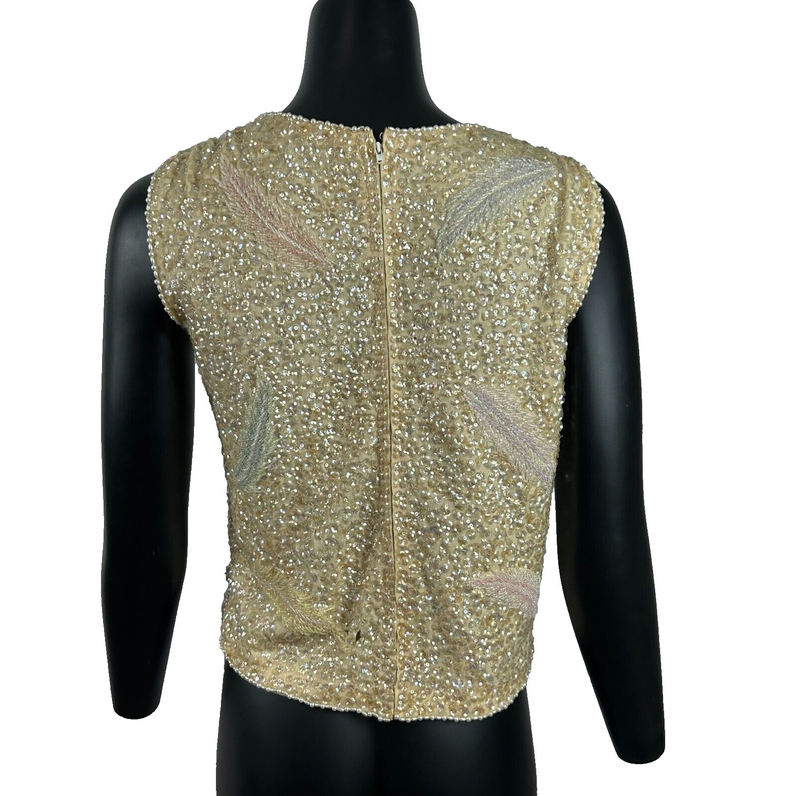 Vintage Sleeveless Sequin Beaded Feather Top Women’s Medium Shell 1950s Flaw