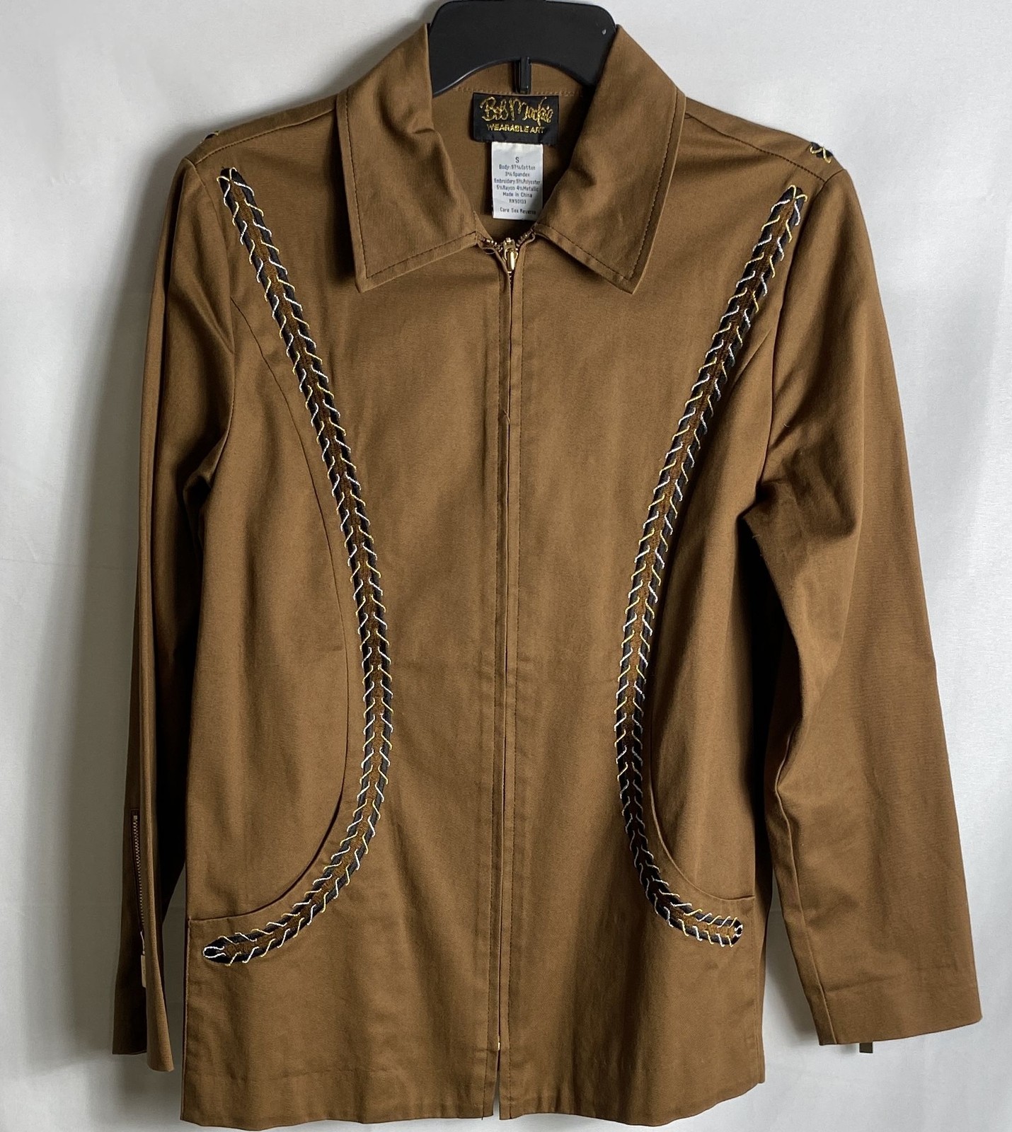 Vintage 90s Bob Mackie Women’s Brown Wearable Art Embroidered Zip Jacket Sz S