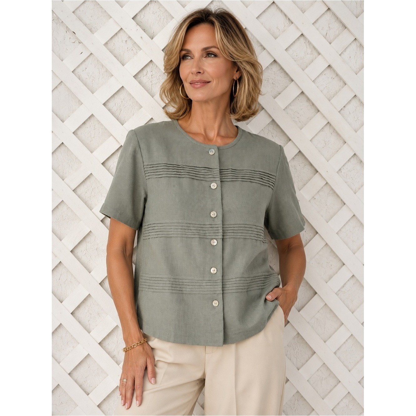Cynthia Howie For Maggy Boutique Linen Blend Pleated Button Front Top Vtg sz 14