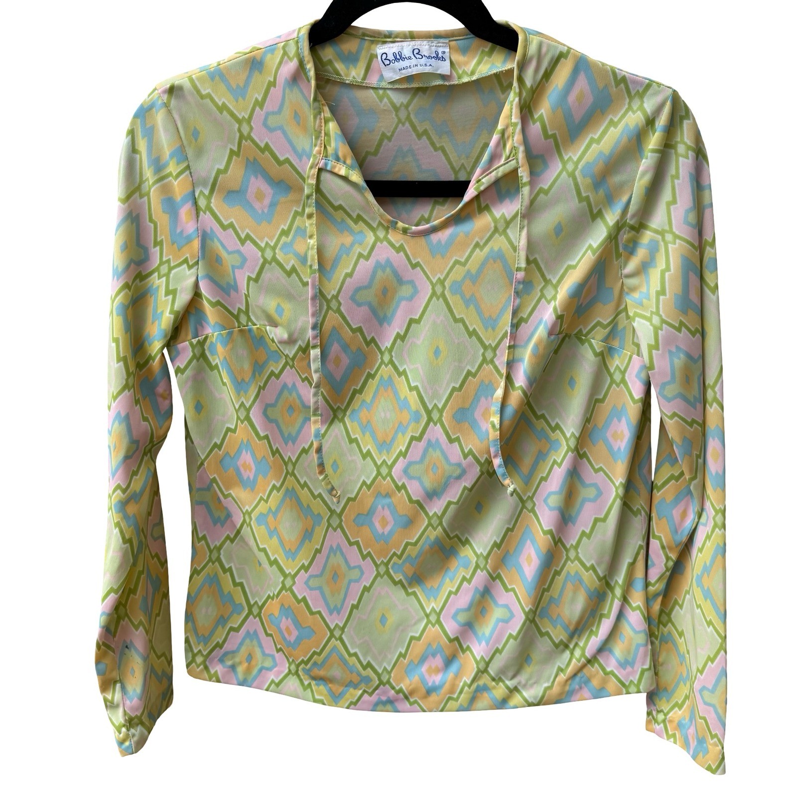 Bobbie Brooks Vintage 70s Pastel Psychedelic Geometric Groovy Tie Neck Blouse