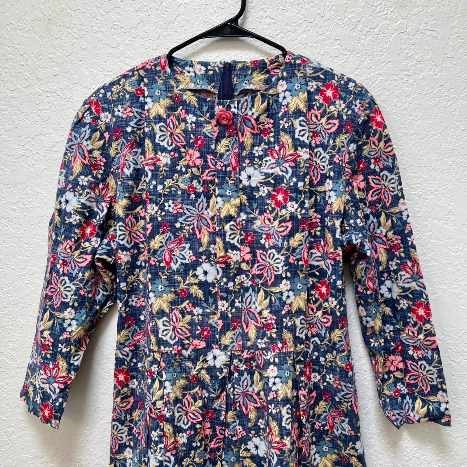 Vintage Style Floral Midi Dress Blue Pink Rosebud Button Cottagecore Prairie