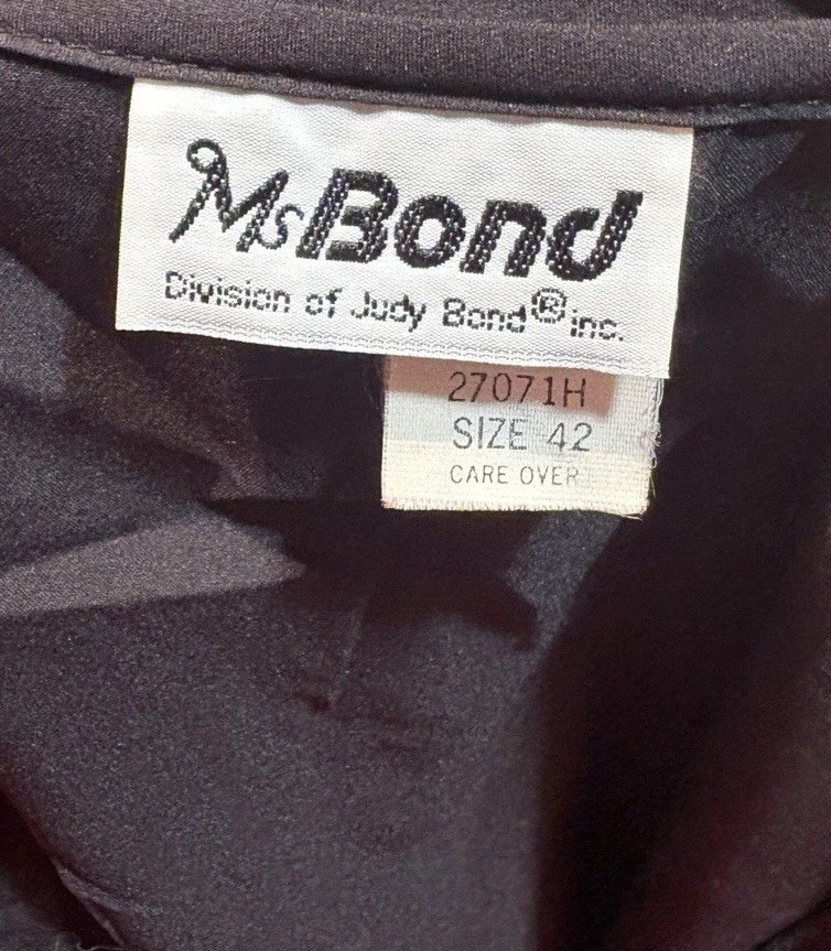Vintage 70s Judy Ms Bond Black Polyester Bow At Neck Blouse Shirt Top 42/8