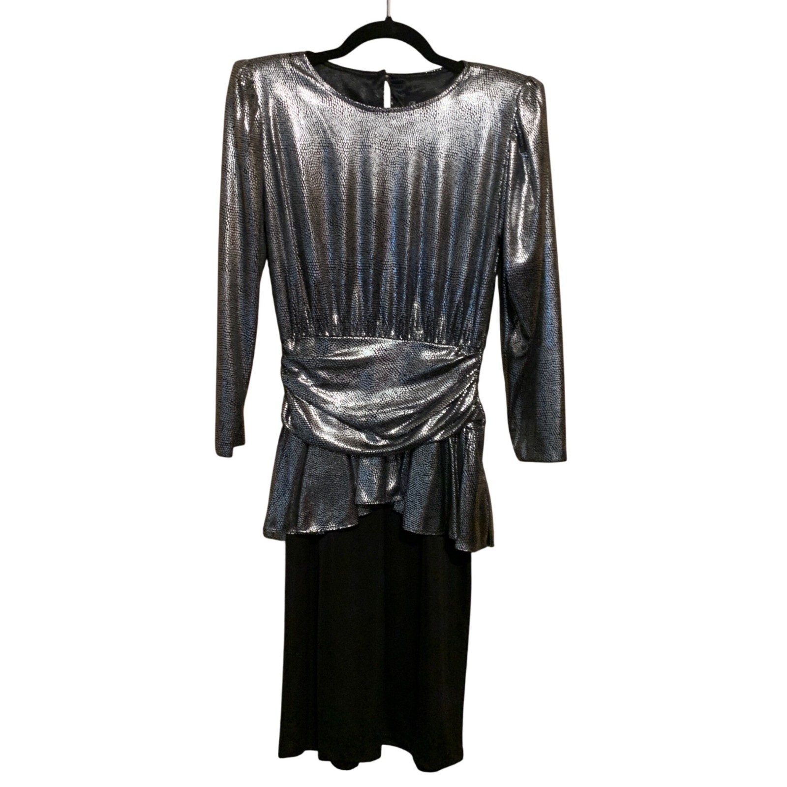 VTG David Rose Metallic Black Dress Draped Waist Peplum Hem Sz 4 Big Hair 80s
